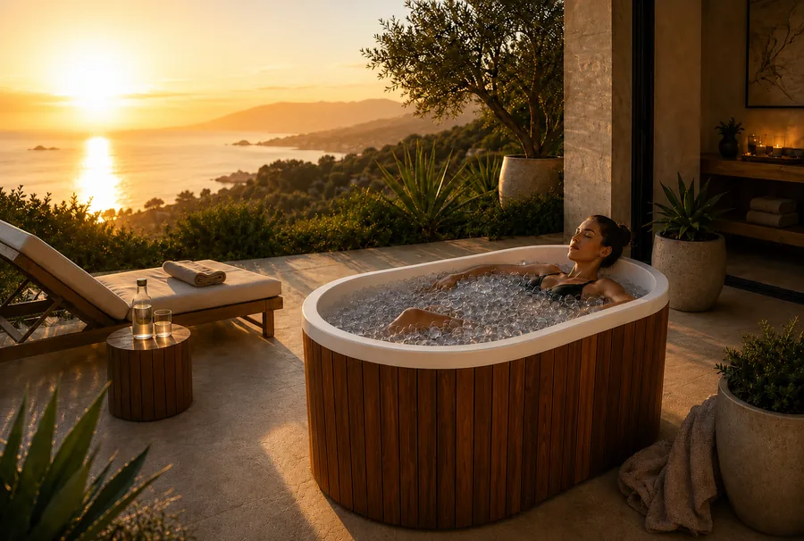 Cold plunge de madera con vista al exterior