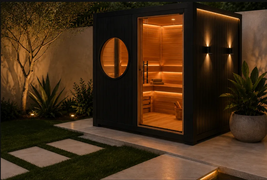 Cabina de sauna iluminada en un jardín