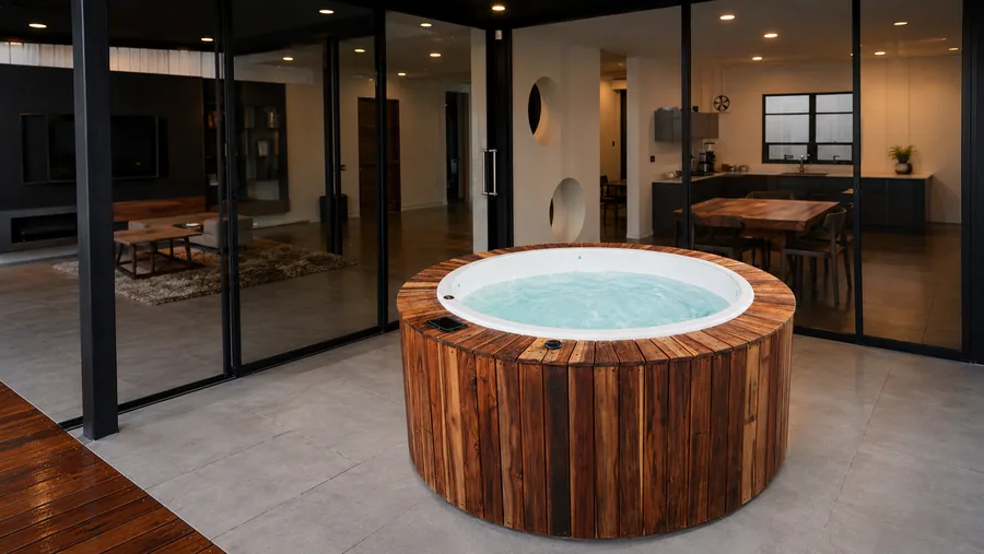 Spa redondo de madera dentro de una residencia